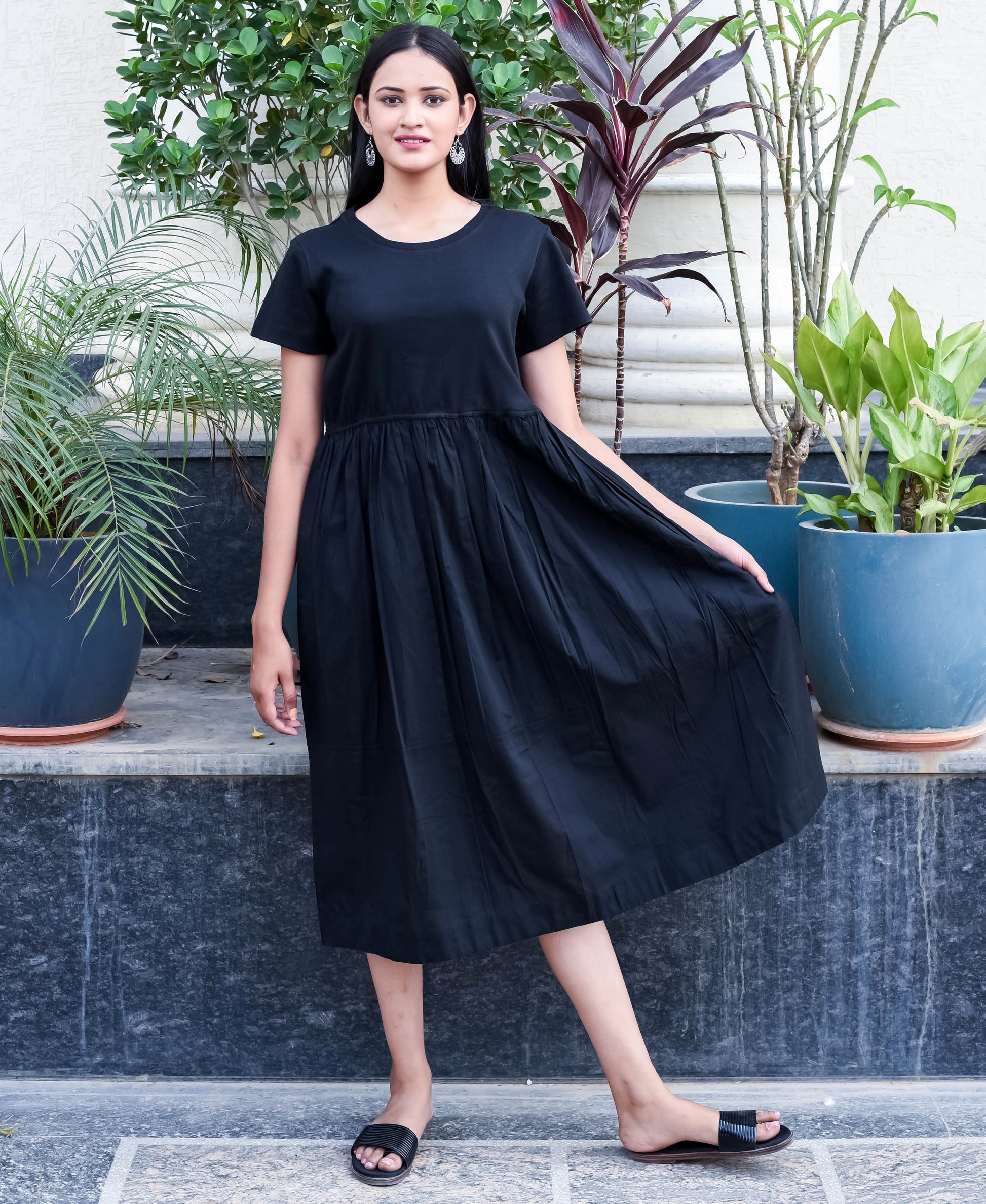 Classic Black Midi Dress with Gathered Waist