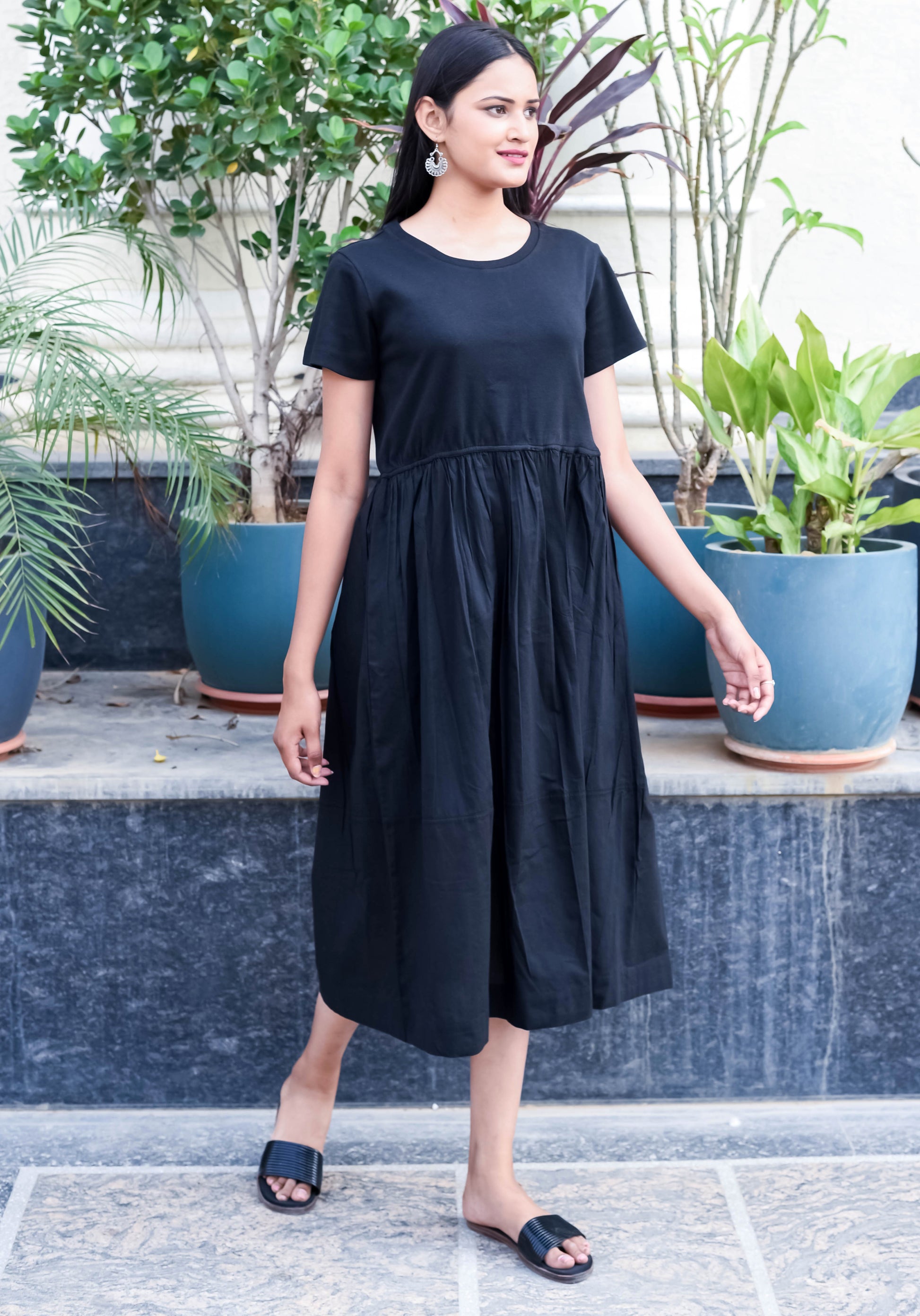 Classic Black Midi Dress with Gathered Waist