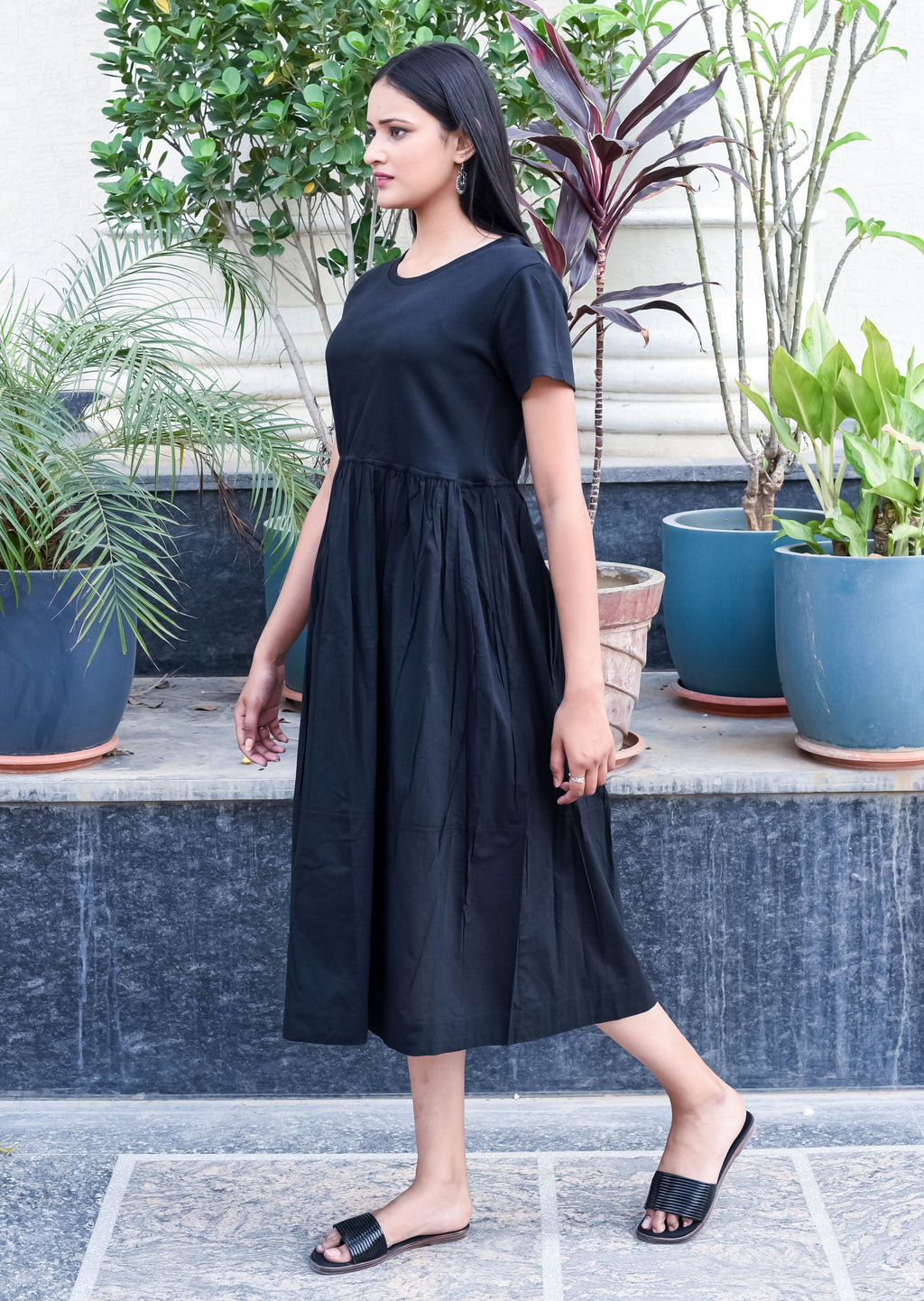 Classic Black Midi Dress with Gathered Waist