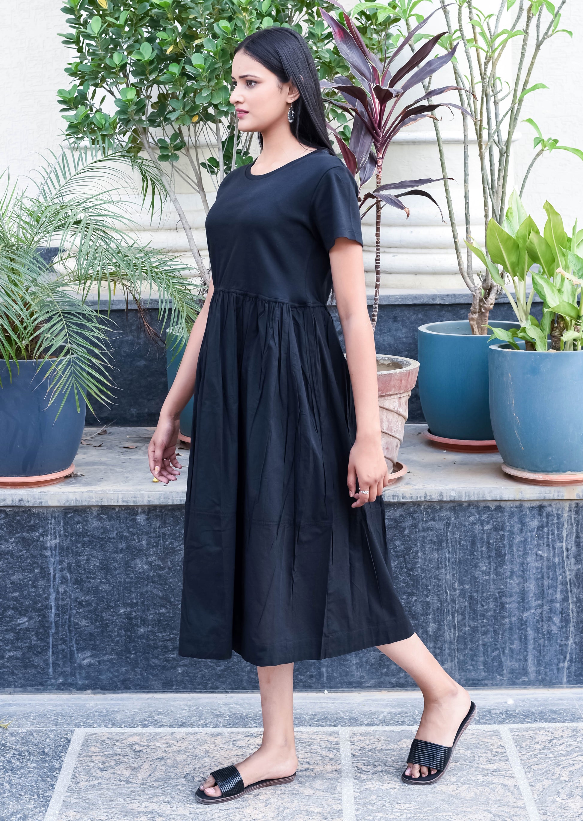 Classic Black Midi Dress with Gathered Waist