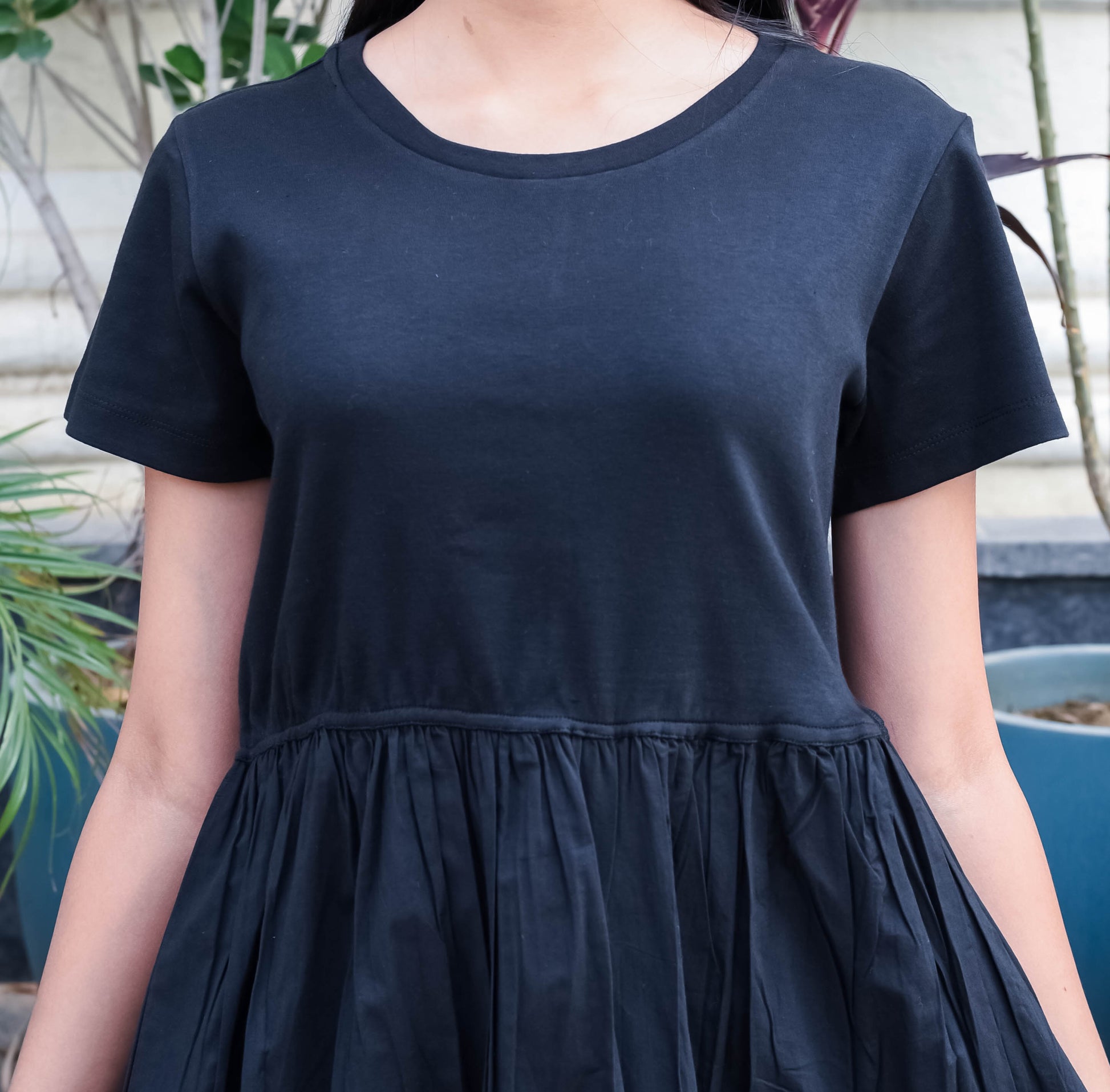 Classic Black Midi Dress with Gathered Waist