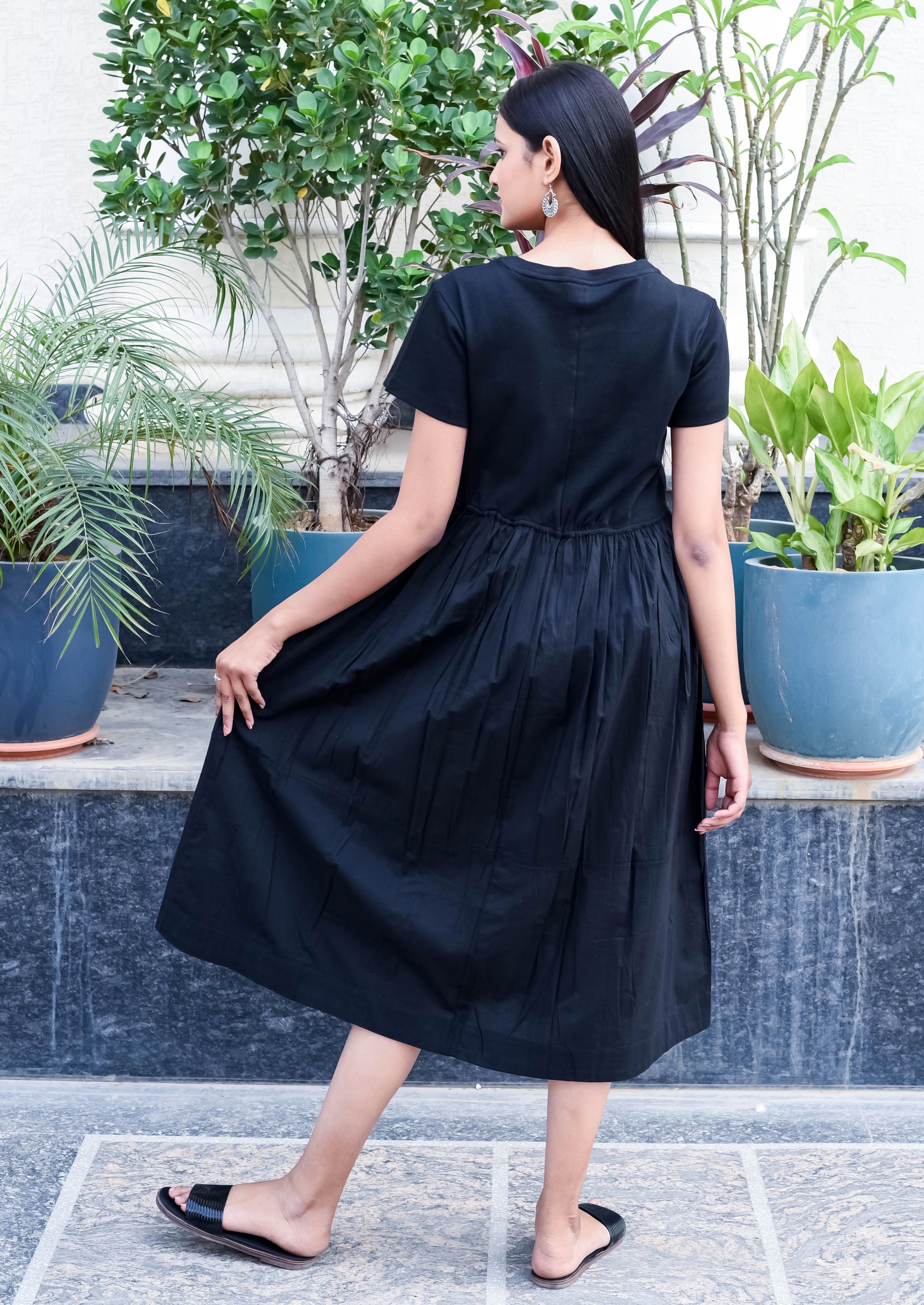 Classic Black Midi Dress with Gathered Waist