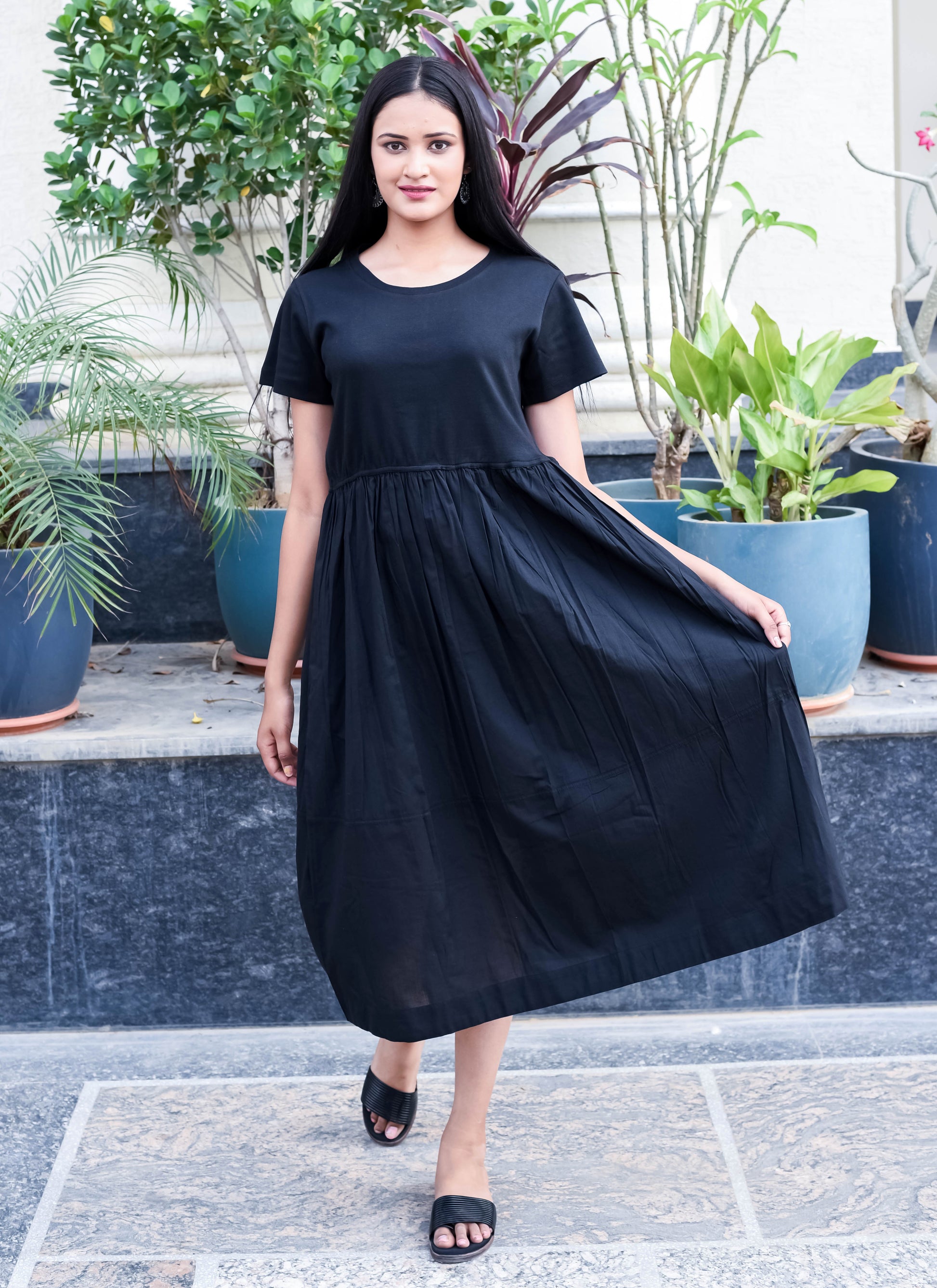 Classic Black Midi Dress with Gathered Waist
