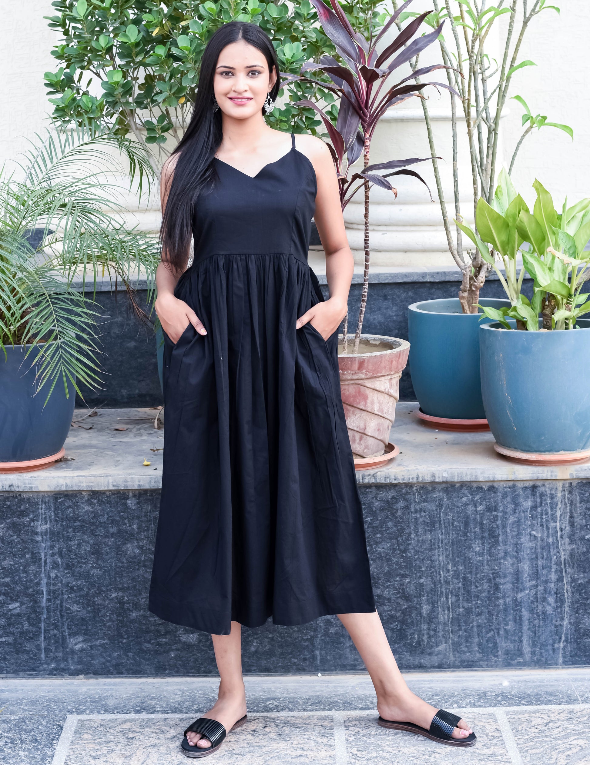 Black Sleeveless Midi Dress with Spaghetti Straps