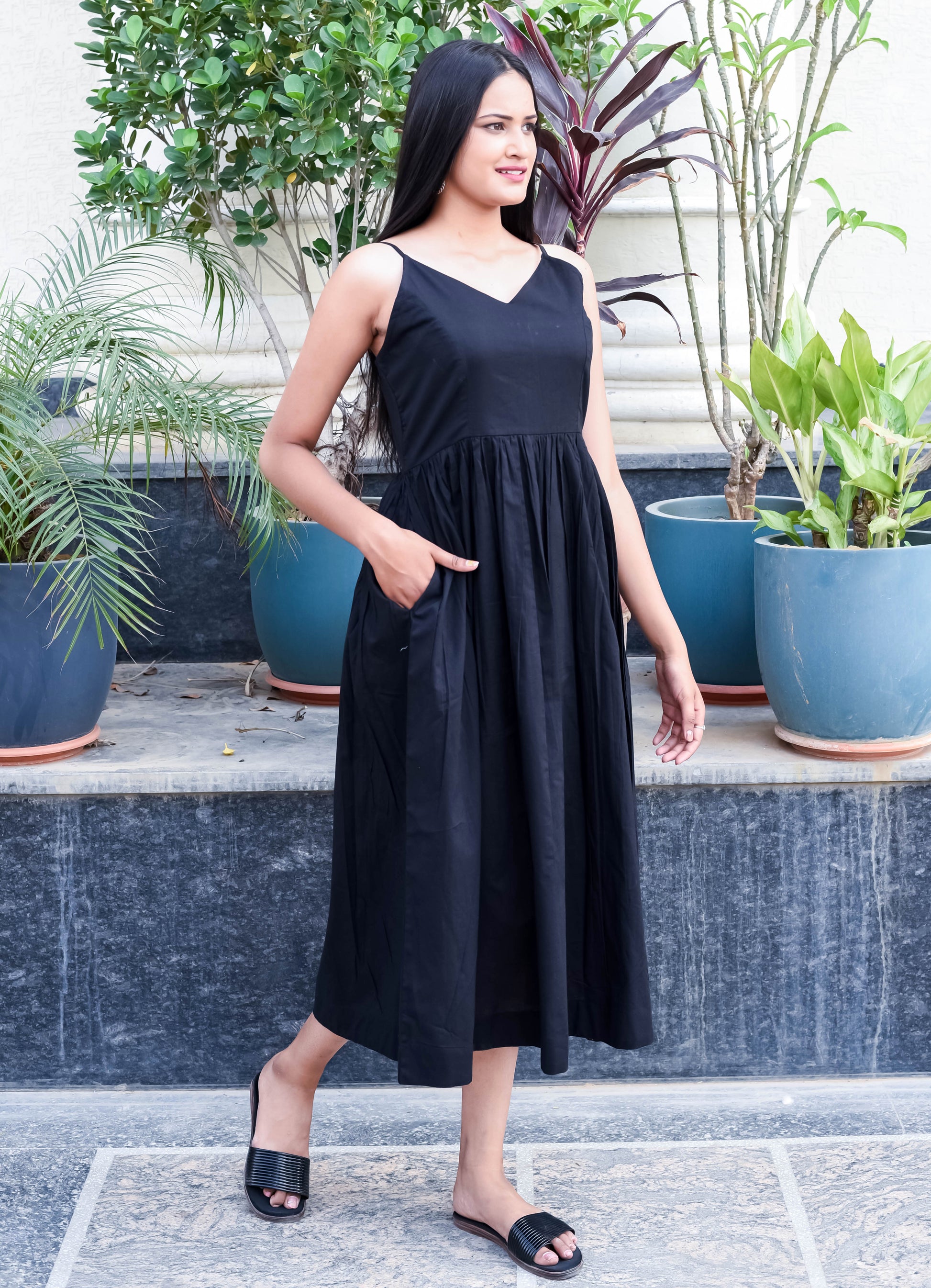 Black Sleeveless Midi Dress with Spaghetti Straps