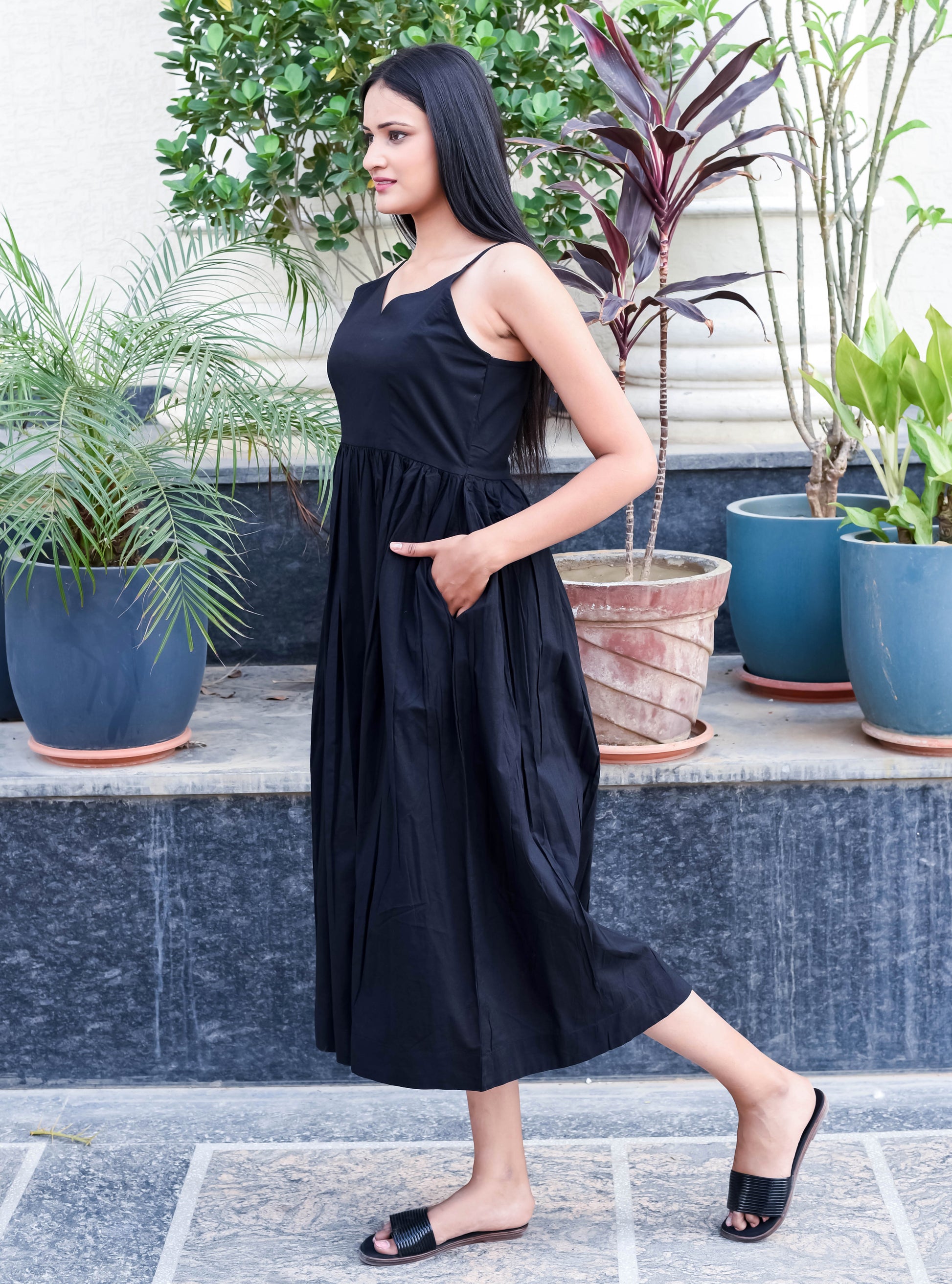 Black Sleeveless Midi Dress with Spaghetti Straps