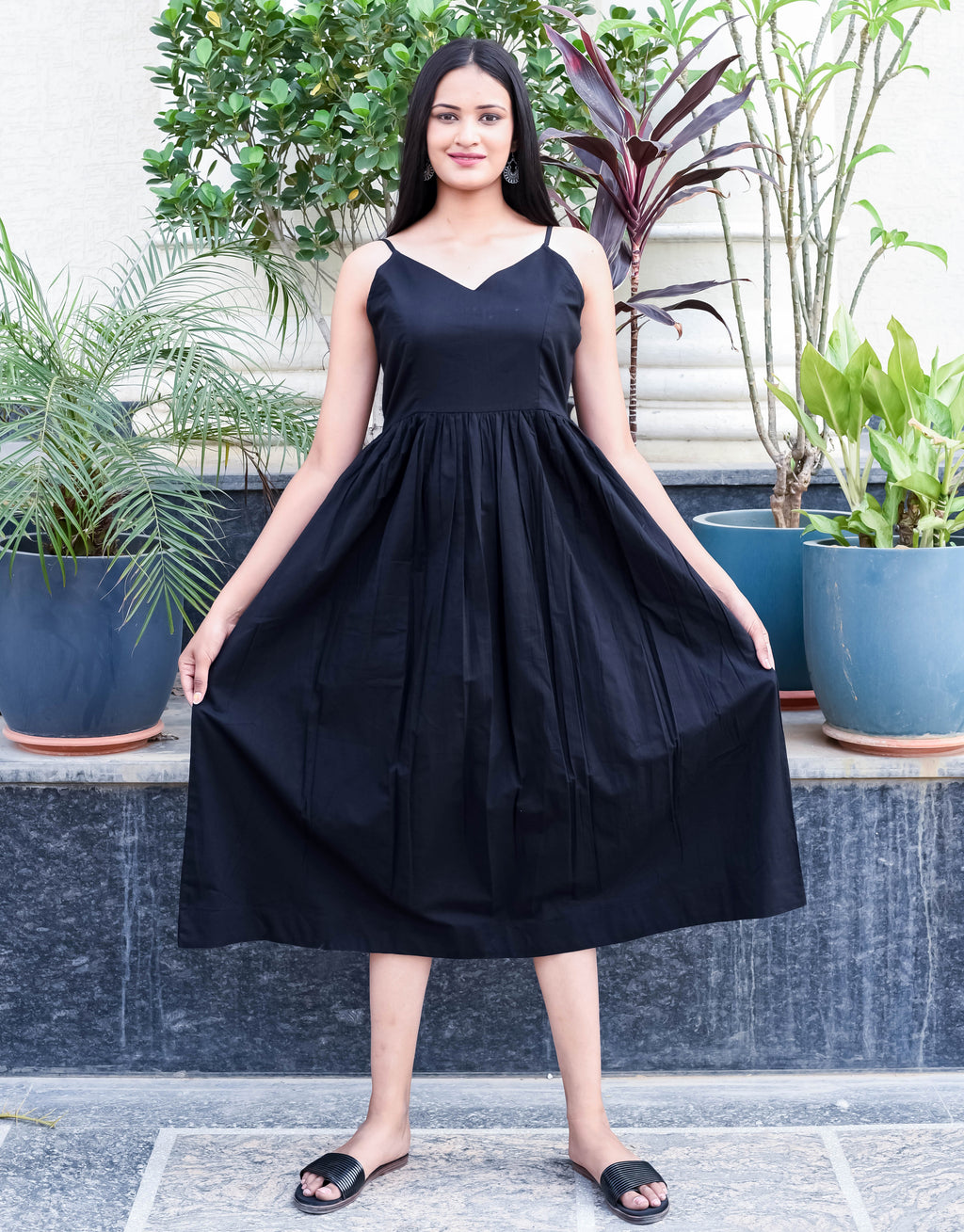 Black Sleeveless Midi Dress with Spaghetti Straps