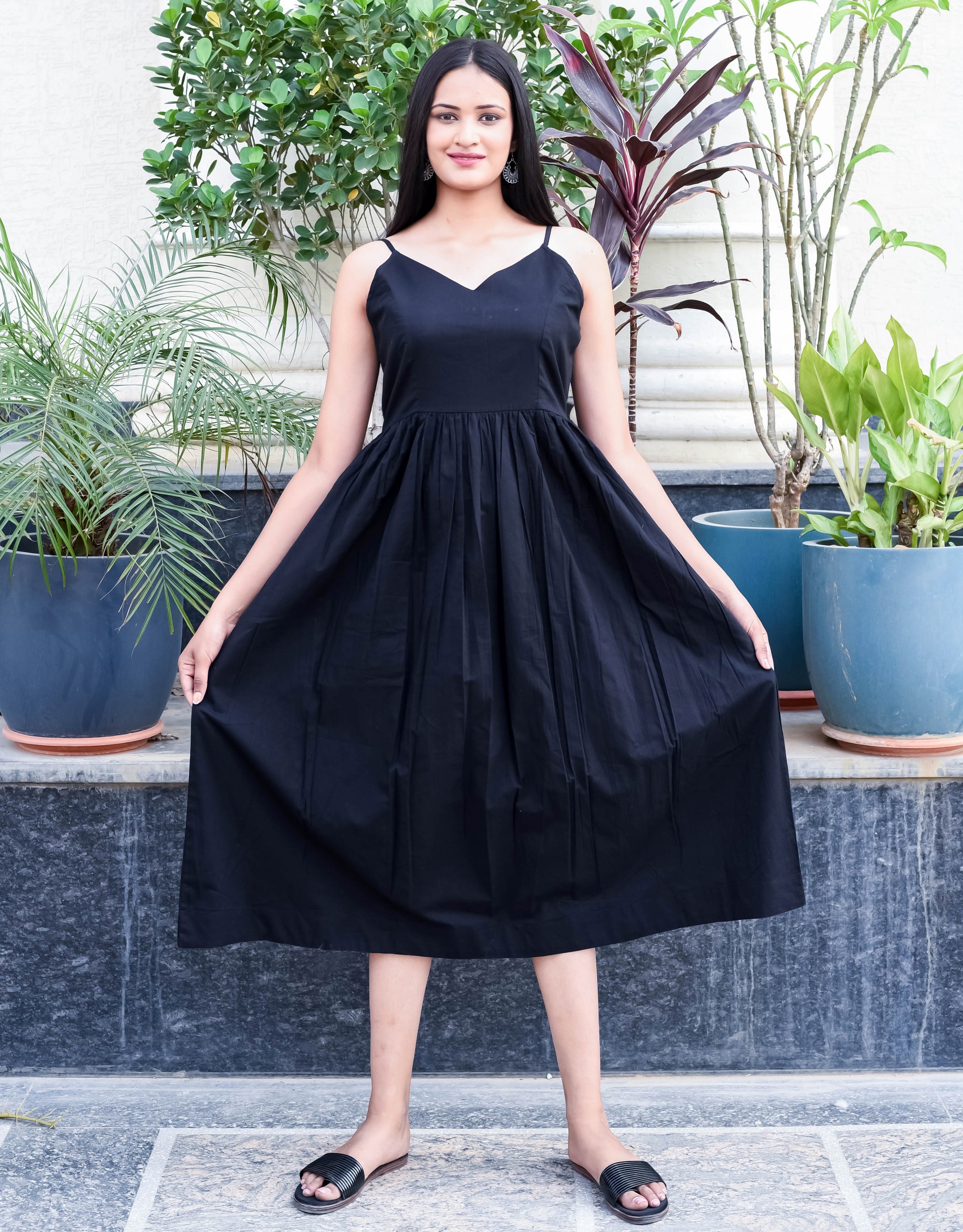 Black Sleeveless Midi Dress with Spaghetti Straps