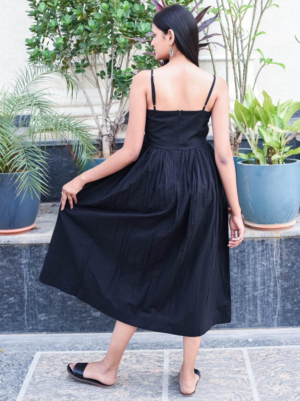 Black Sleeveless Midi Dress with Spaghetti Straps