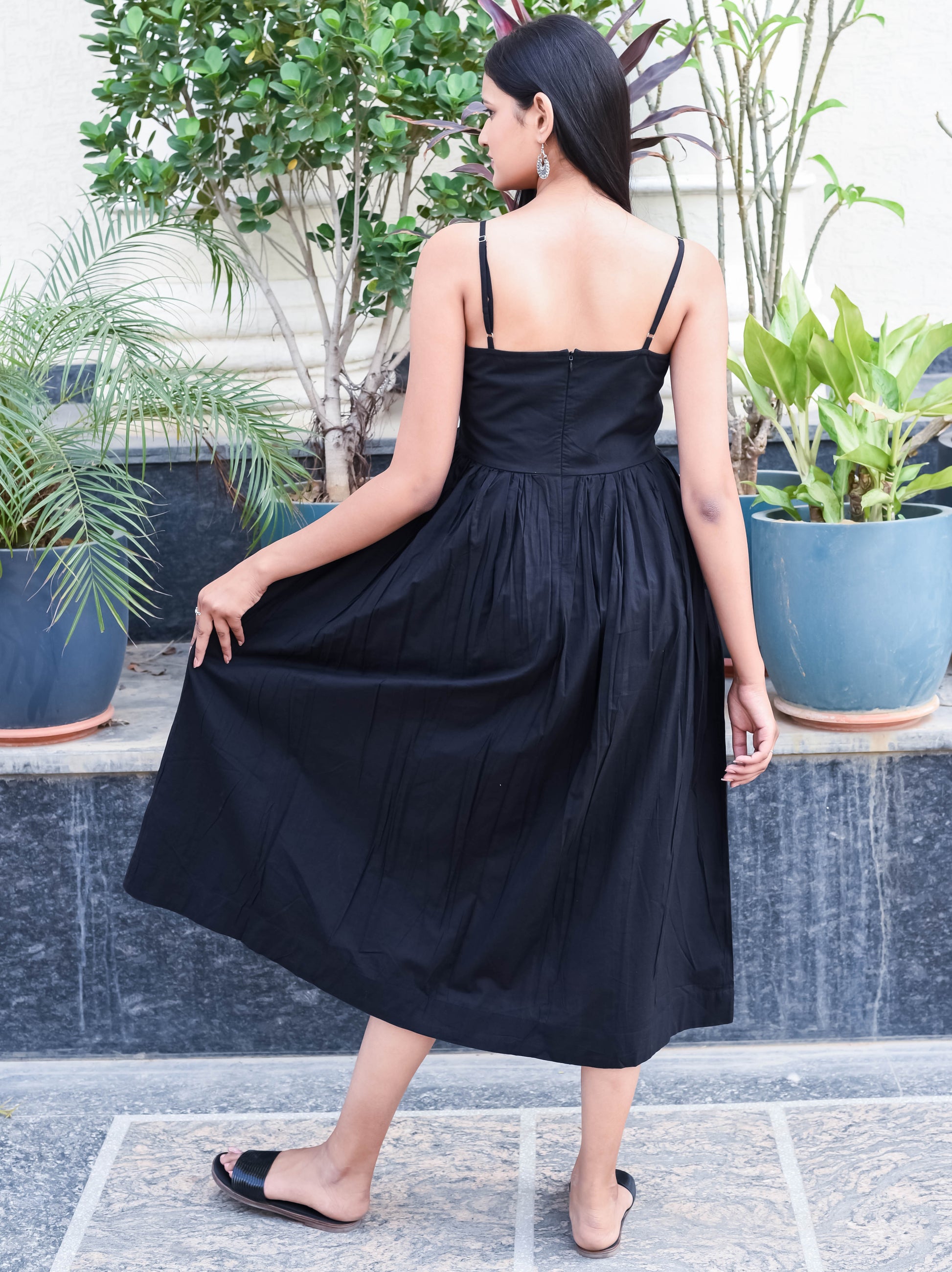 Black Sleeveless Midi Dress with Spaghetti Straps