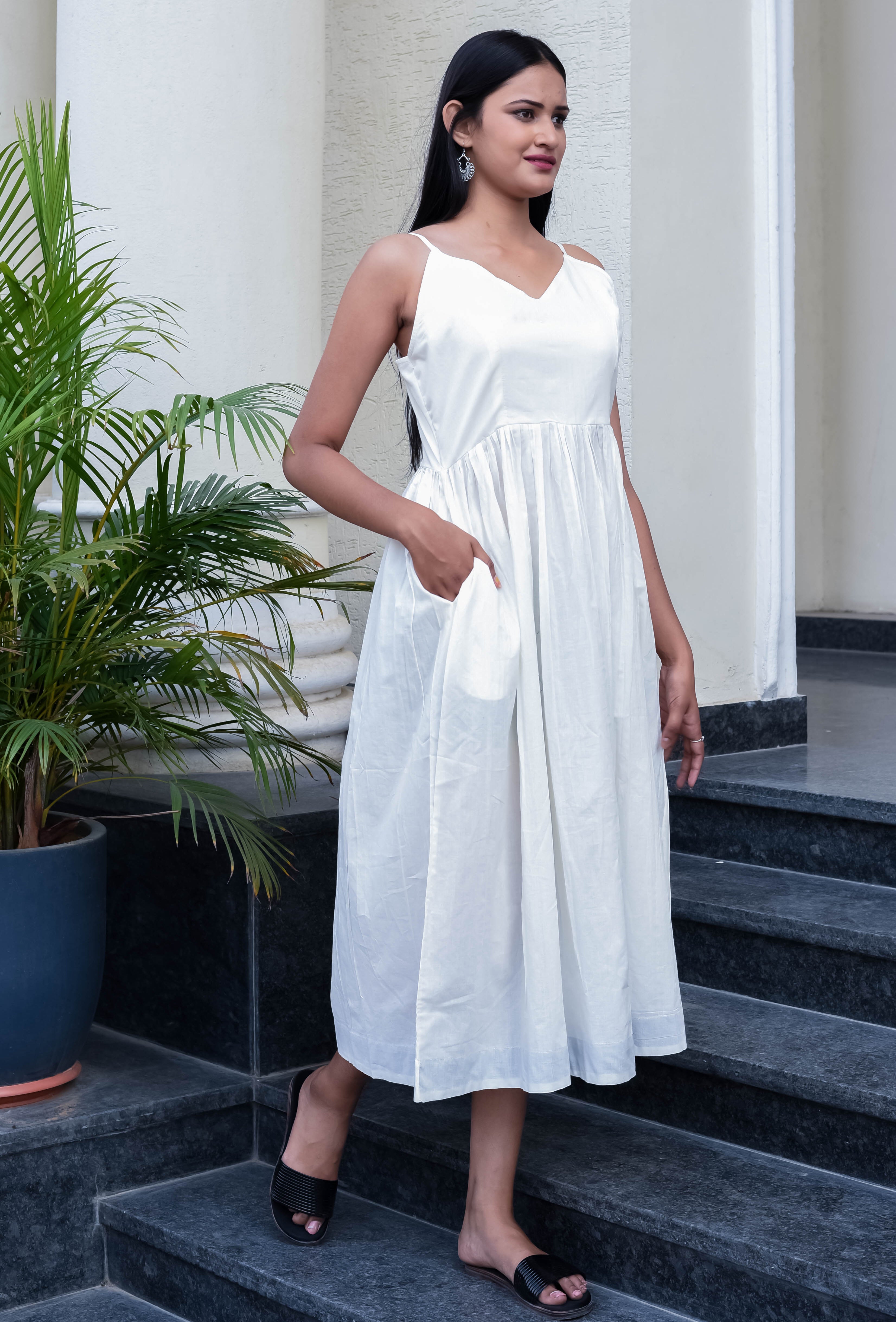 White Sleeveless Midi Dress with Spaghetti Straps