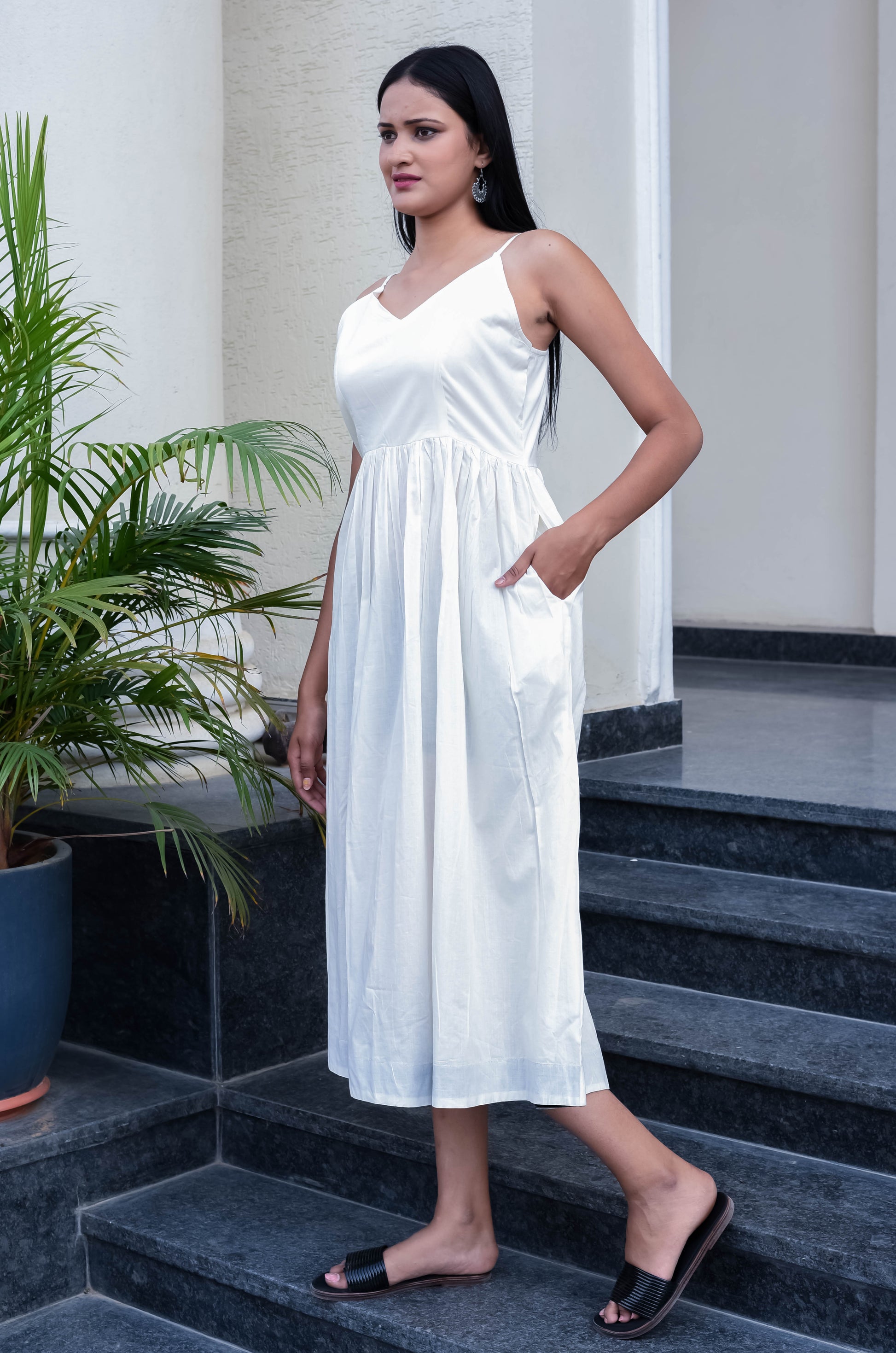 White Sleeveless Midi Dress with Spaghetti Straps
