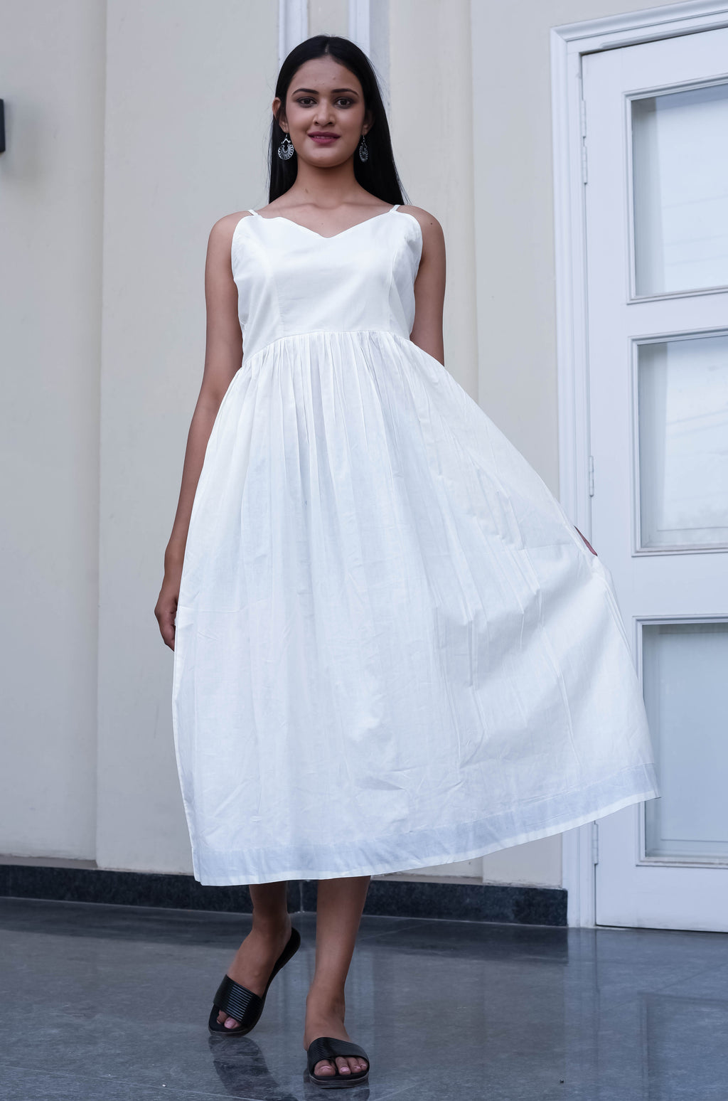 White Sleeveless Midi Dress with Spaghetti Straps