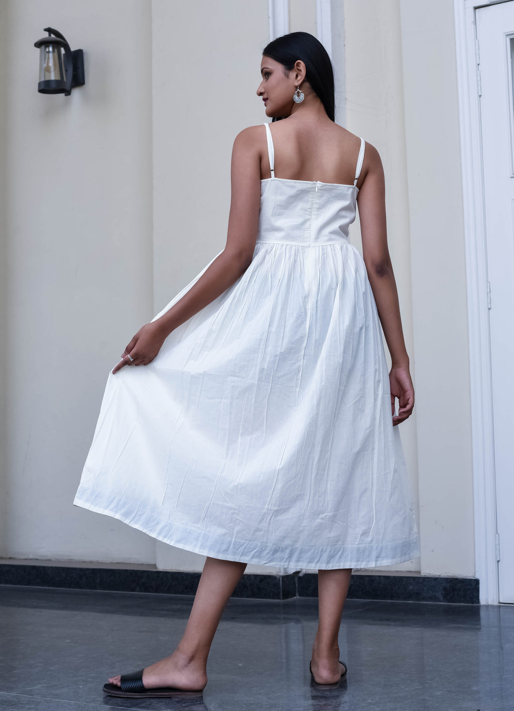 White Sleeveless Midi Dress with Spaghetti Straps